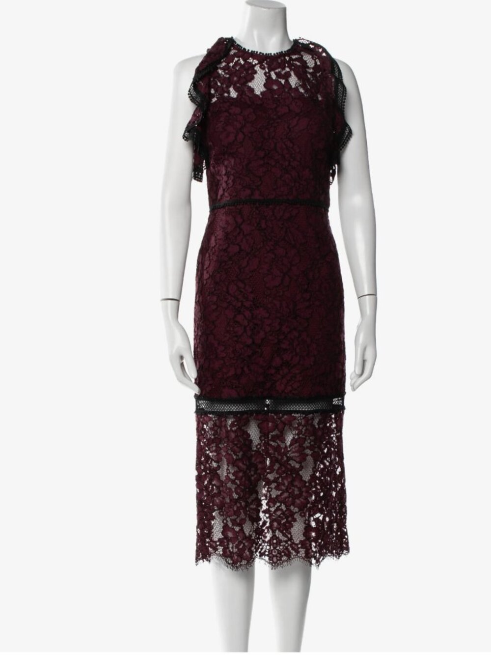 NEW Alexis Evie Lace Midi Dress XS Burgundy Black Ruffle Trim Cocktail Dress Lux